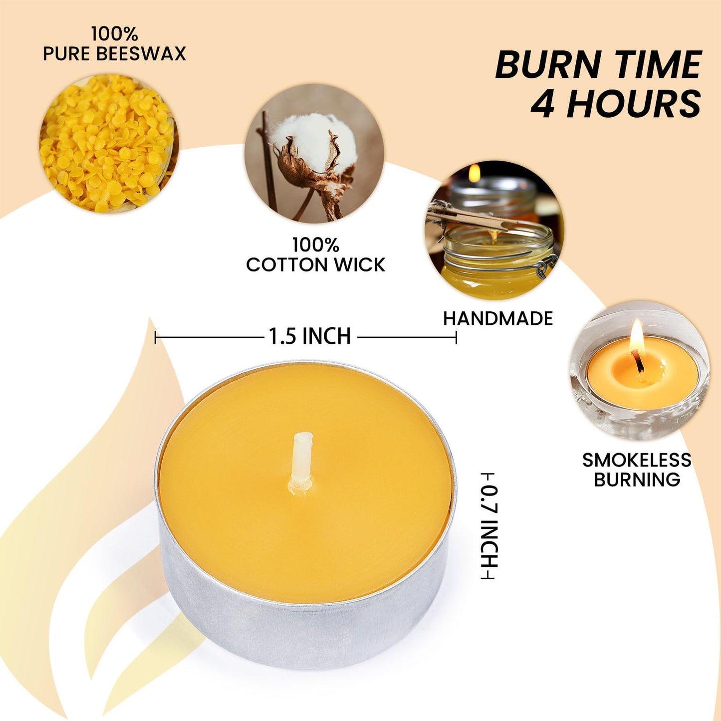 50-Pack Pure Beeswax Tealight Candles in Aluminum Cups - 4-5 Hour Burn Time, Lead-Free Cotton Wick, Natural Unscented Candles