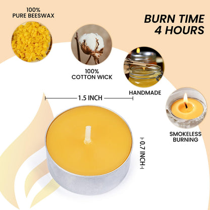 50-Pack Pure Beeswax Tealight Candles in Aluminum Cups - 4-5 Hour Burn Time, Lead-Free Cotton Wick, Natural Unscented Candles