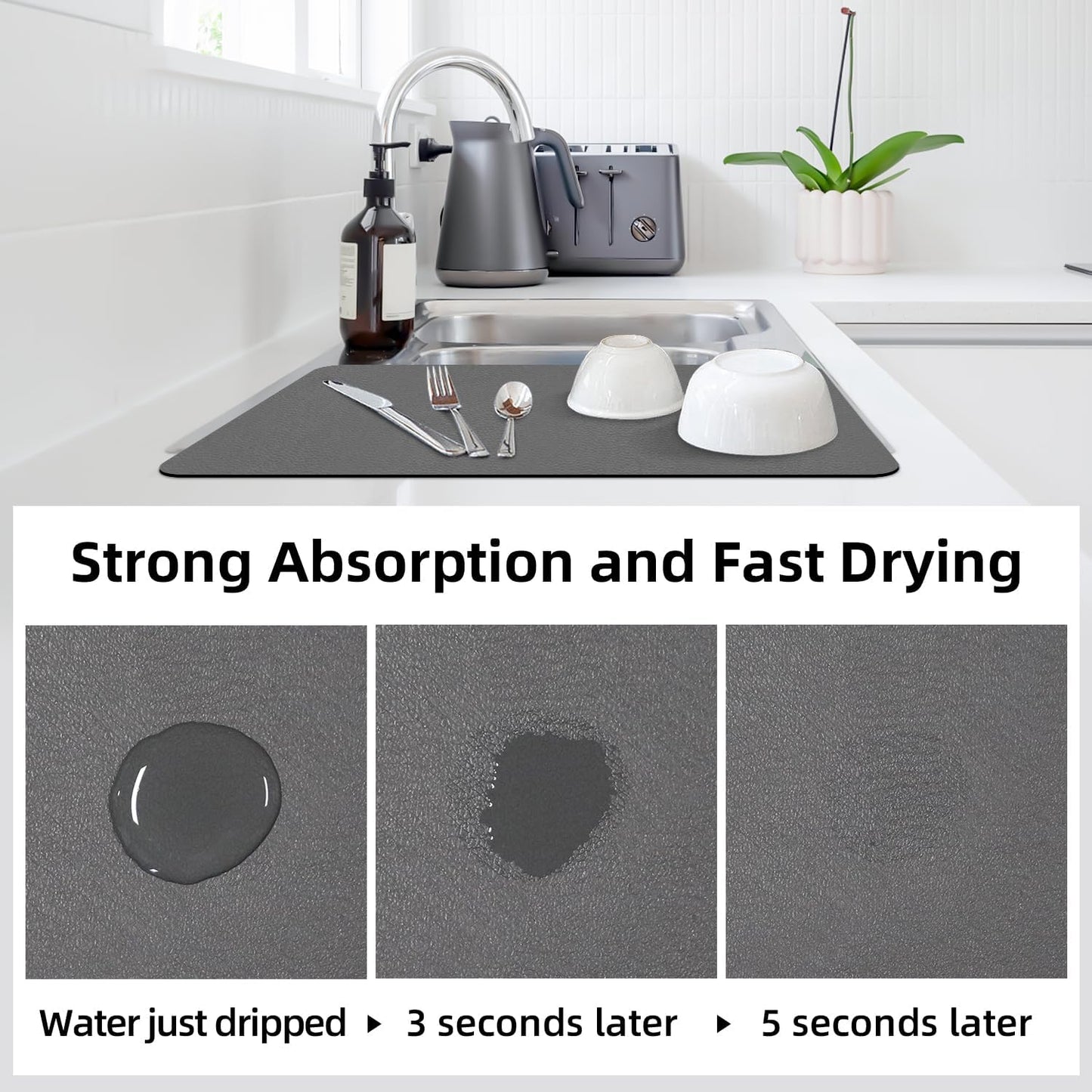 LOPNUR Kitchen Dish Drying Mat - Super Absorbent Diatomite Pad | Heat Resistant & Anti-Slip | 18"x16" Grey