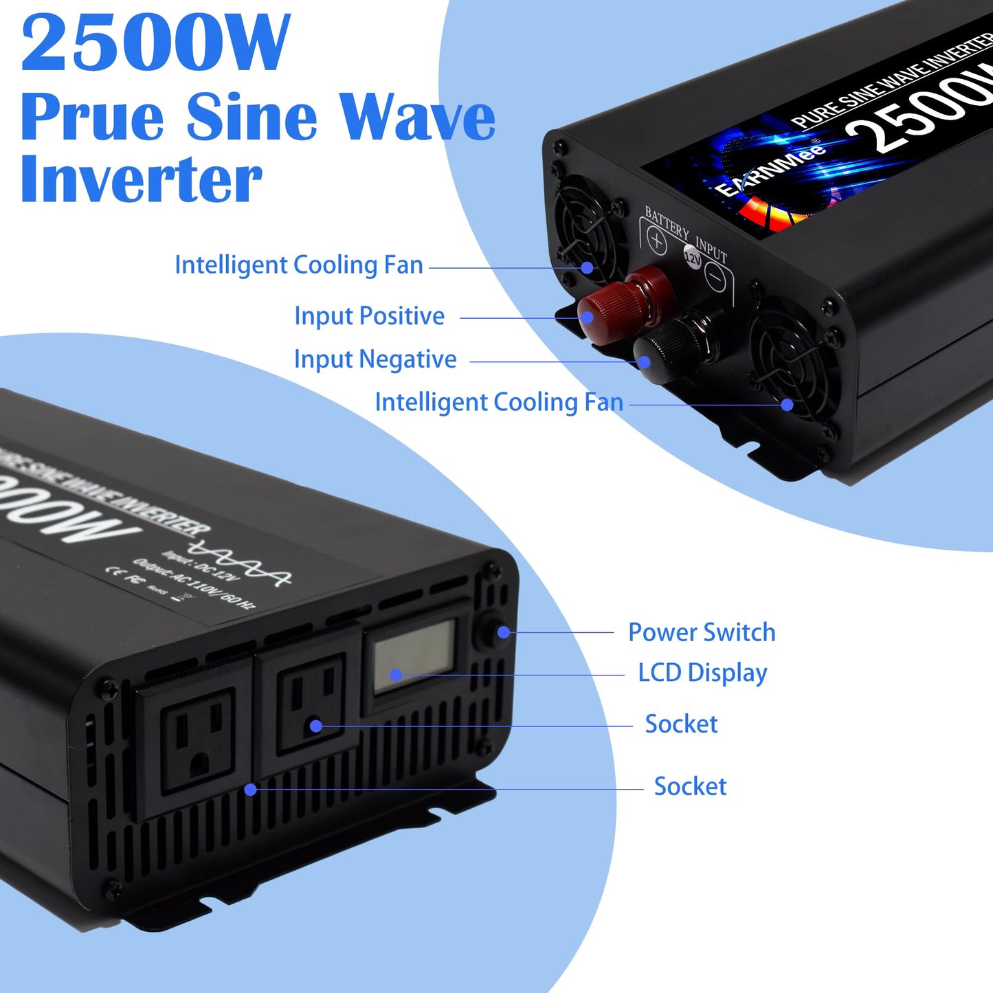 Power Inverter 2500 Watt,Vehicles 12V to 110V Converter 2500w,Power Adapter,Pure Sine Wave Inverter for Car,RV,Solar,Truck,Camping Gear,with LCD Display