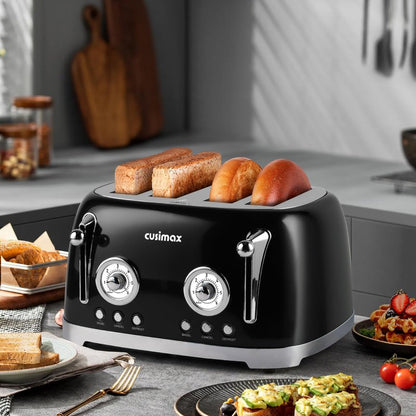CUSIMAX Toaster 4 Slice, Retro Toaster with Wide Slots for Bagels, Stainless Steel with 6 Toast Settings, Bagel, Cancel, Defrost & Reheat Functions, Dual Independent Control Panels, Black