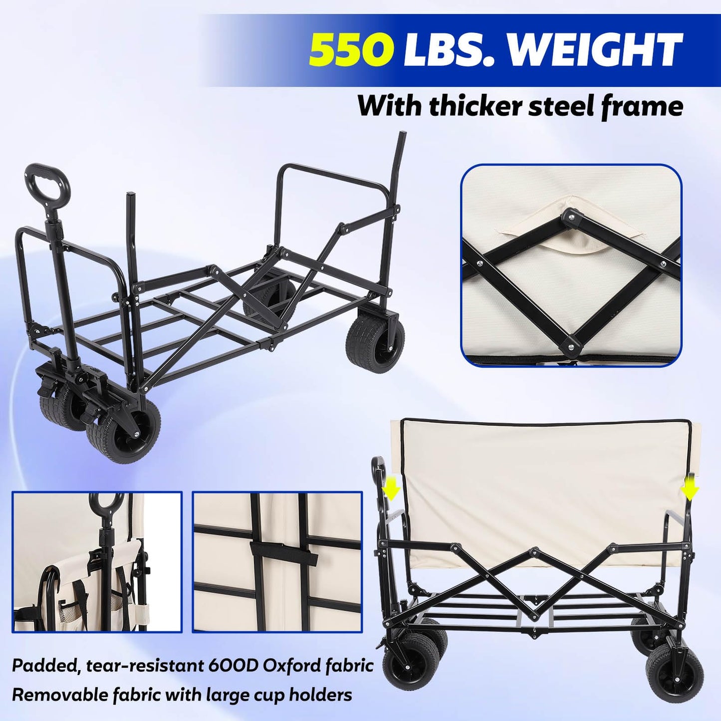 Portable Collapsible Folding Wagon, 550LBS Heavy Duty Utility Carts,Reclining Camper, Expandable Storage, Padded and Wheeled, All Terrain Wheels, Great for Camping, Outdoors, Shopping (White)