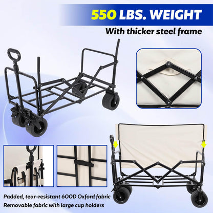 Portable Collapsible Folding Wagon, 550LBS Heavy Duty Utility Carts,Reclining Camper, Expandable Storage, Padded and Wheeled, All Terrain Wheels, Great for Camping, Outdoors, Shopping (White)