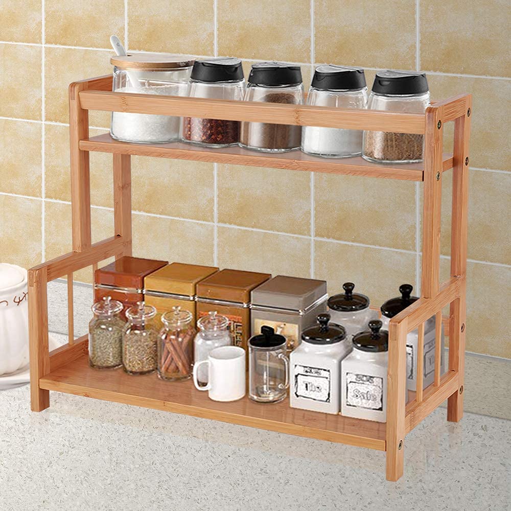 Ufine 2 Tier Bamboo Spice Rack Organizer Kitchen Countertop Storage Shelf