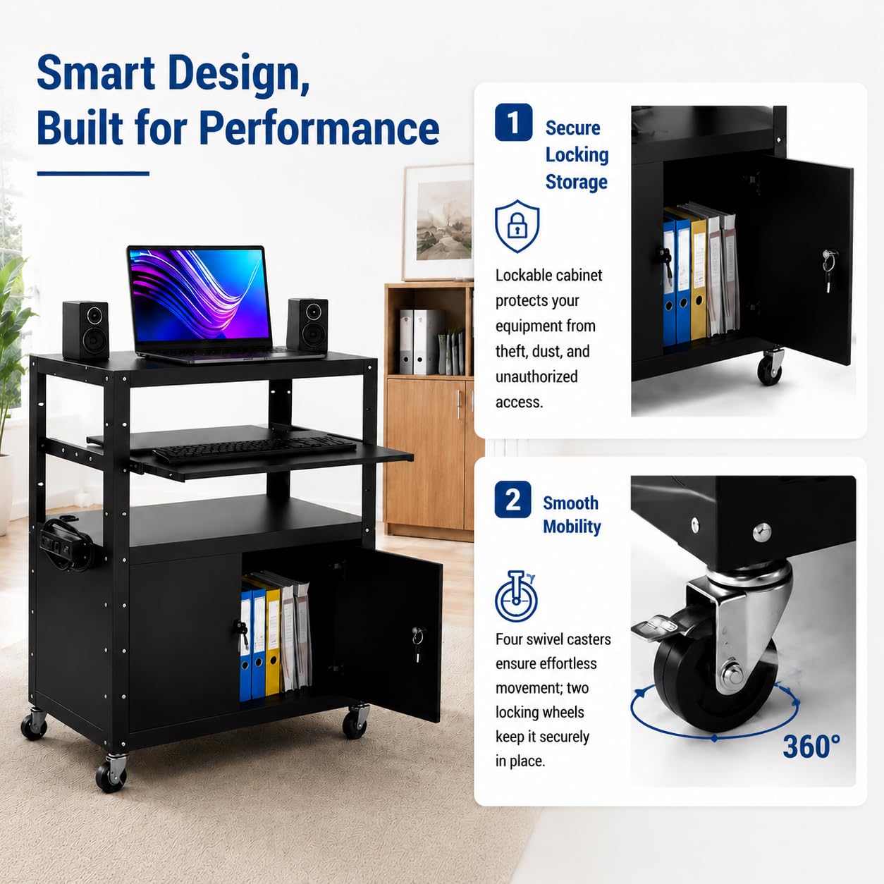 GarveeLife Portable AV Cart with Locking Storage Cabinet, Adjustable Laptop Stand & Drop Leaves, Rolling Workstation with Power Outlets for Classroom, Office, or Home Use