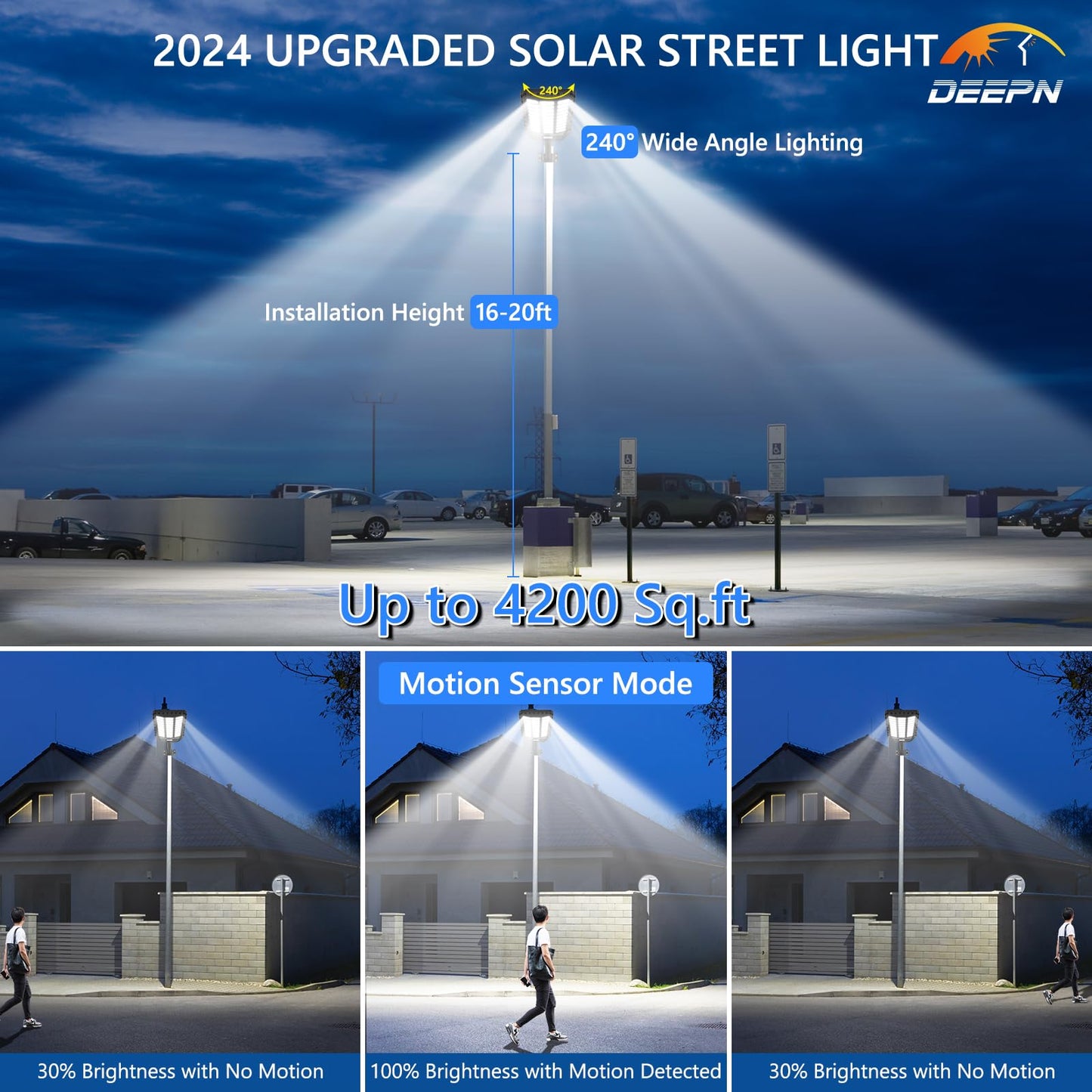 Deepn Solar Street Light, Commercial Grade Solar Lights Outdoor IP67 Waterproof, 8700W LED Flood Security Lights Motion Sensor & Dusk to Dawn Outdoor Lighting for Parking Lots, Streets & Yard, 1 Pack