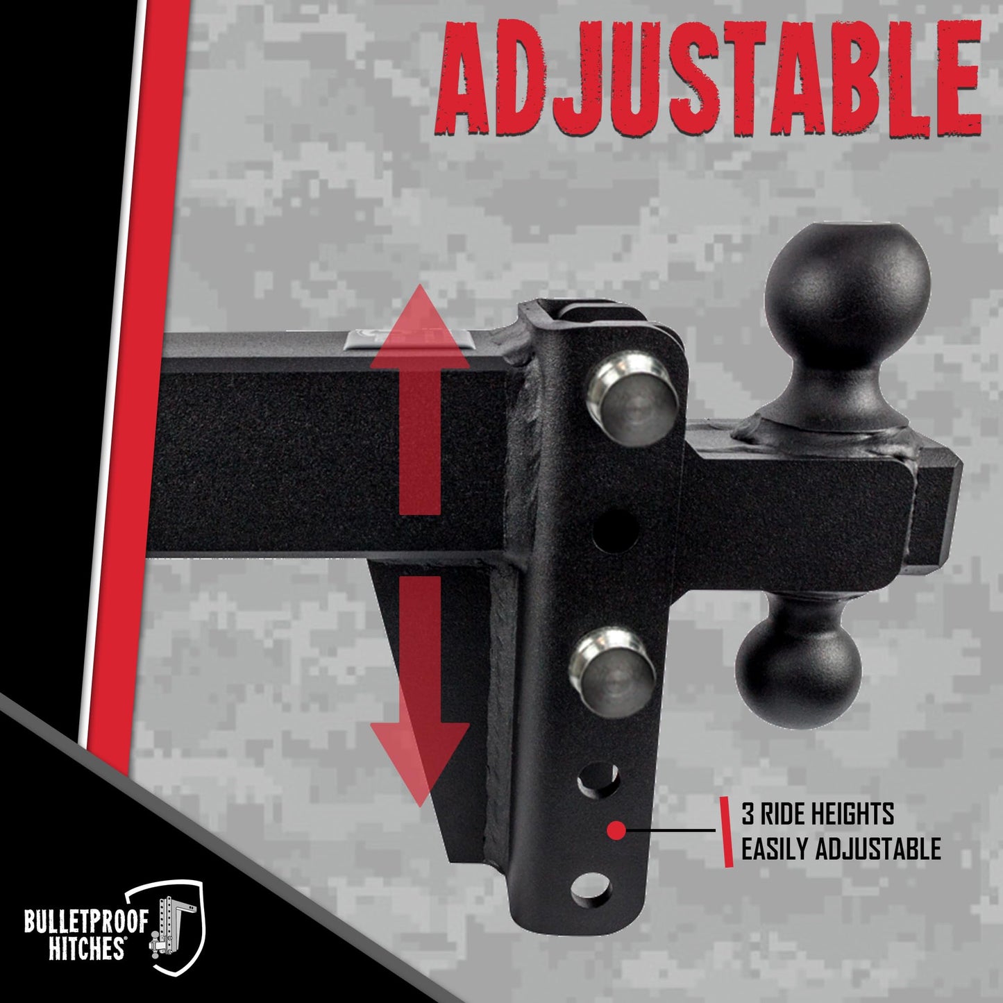 BulletProof Hitches - 3.0" Adjustable Extreme Duty Trailer Hitch (36,000 lb. Rating) - 4" Drop/Rise with 2" and 2 5/16" Dual Ball - Powder Coat, Solid Steel, Corrosion-Resistant