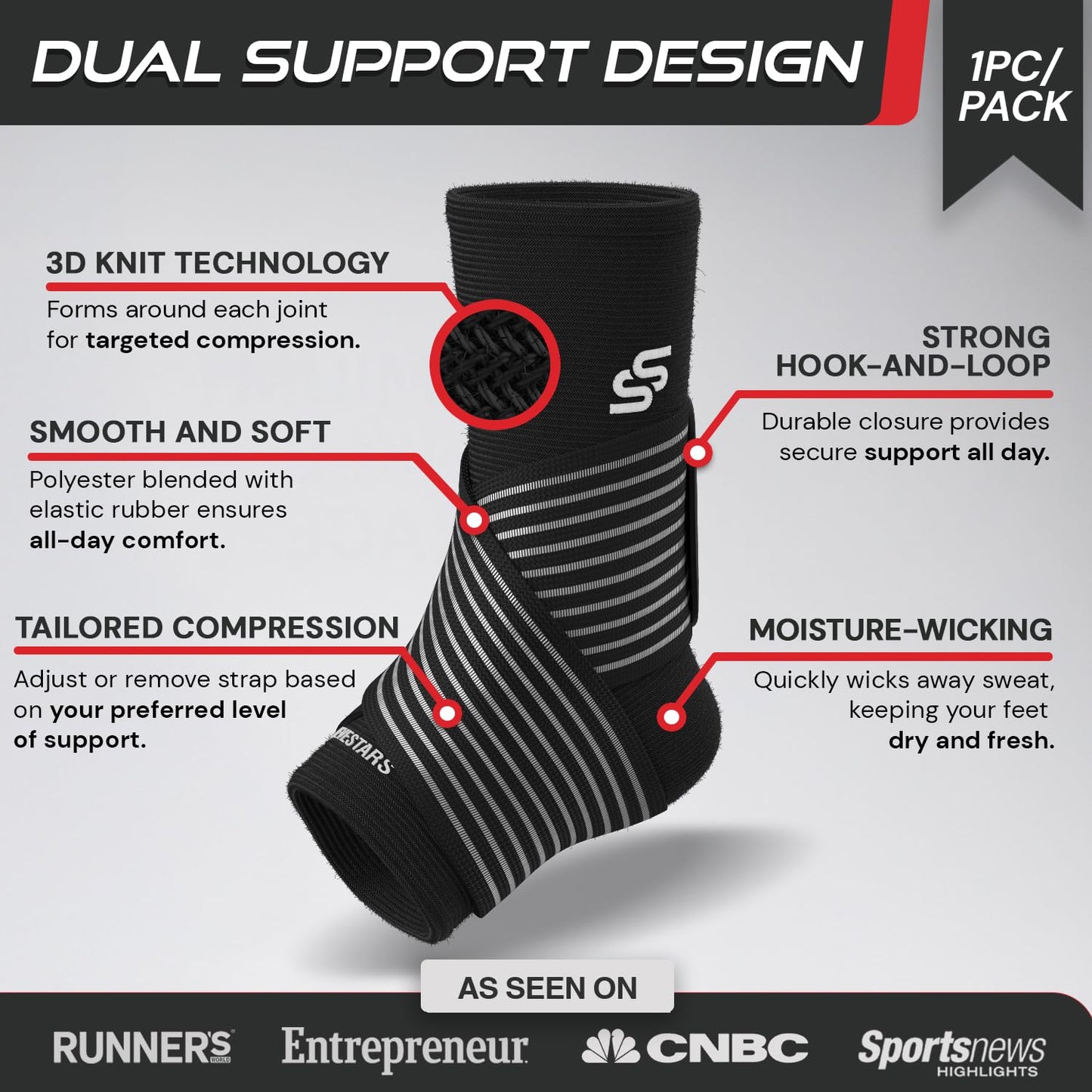 Sleeve Stars Ankle Brace for Women & Men, Ankle Wrap for Sprained Ankle, Compression Sleeve for Plantar Fasciitis Relief, Easy Customizable Support: w/Removable Strap (Single/L:12"-13"/Black)