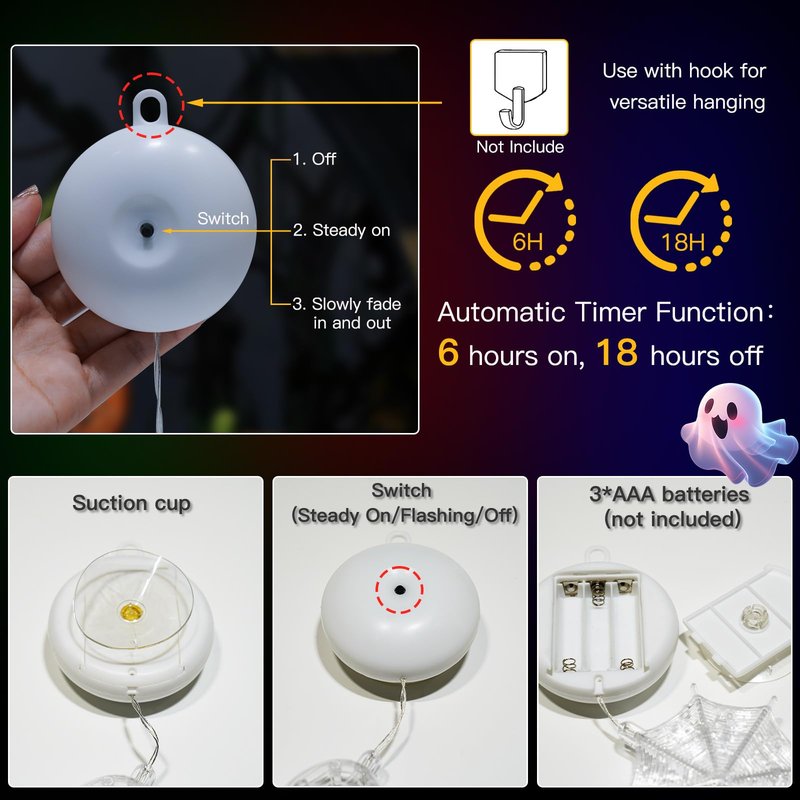 suddus 3 Pack Halloween Lights Battery Operated with Timer, Orange Pumpkin Violet Spider Green Witch Hat Halloween Decor Window Lights with Suction Cup for Home Indoor Party Decorations
