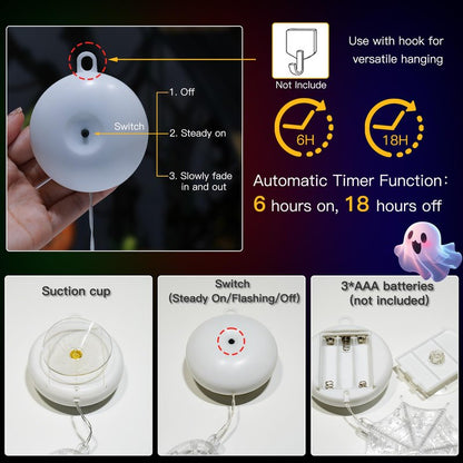 suddus 3 Pack Halloween Lights Battery Operated with Timer, Orange Pumpkin Violet Spider Green Witch Hat Halloween Decor Window Lights with Suction Cup for Home Indoor Party Decorations
