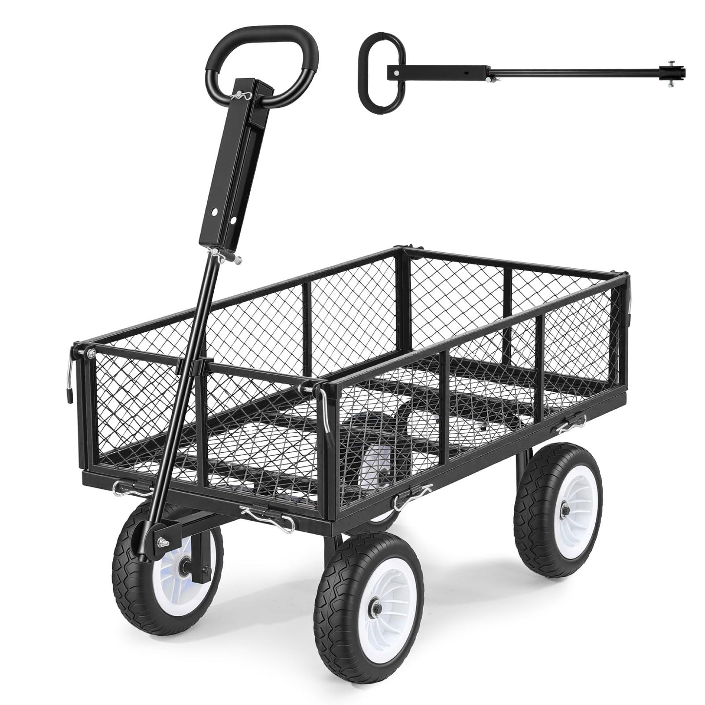 VEVOR 900 LBS Steel Garden Cart, 2 in 1 Handle, Heavy Duty Pullable Garden Wagon with 10" Flat-Free Tires, Outdoor Utility Yard Wagon Cart with Detachable Side Panels, Attach to ATV or Tractor