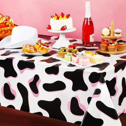 Tiamon 3 Pack Pink Cow Print Tablecloth Disposable 54x108 Inch Plastic Table Cover for Western Cowgirl Birthday Party Decorations Disco Bachelorette Baby Shower Supplies Farm Animal Theme Picnic