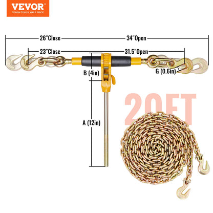 VEVOR 3/8"-1/2" Ratchet Chain Binder with Chain, G80 12000 lbs Secure Limit, Heavy Duty Load, Labor-Saving Anti-Skid Handle, Tie Down Hauling Chain Binders for Flatbed Truck Trailer, 2 Set & Yellow
