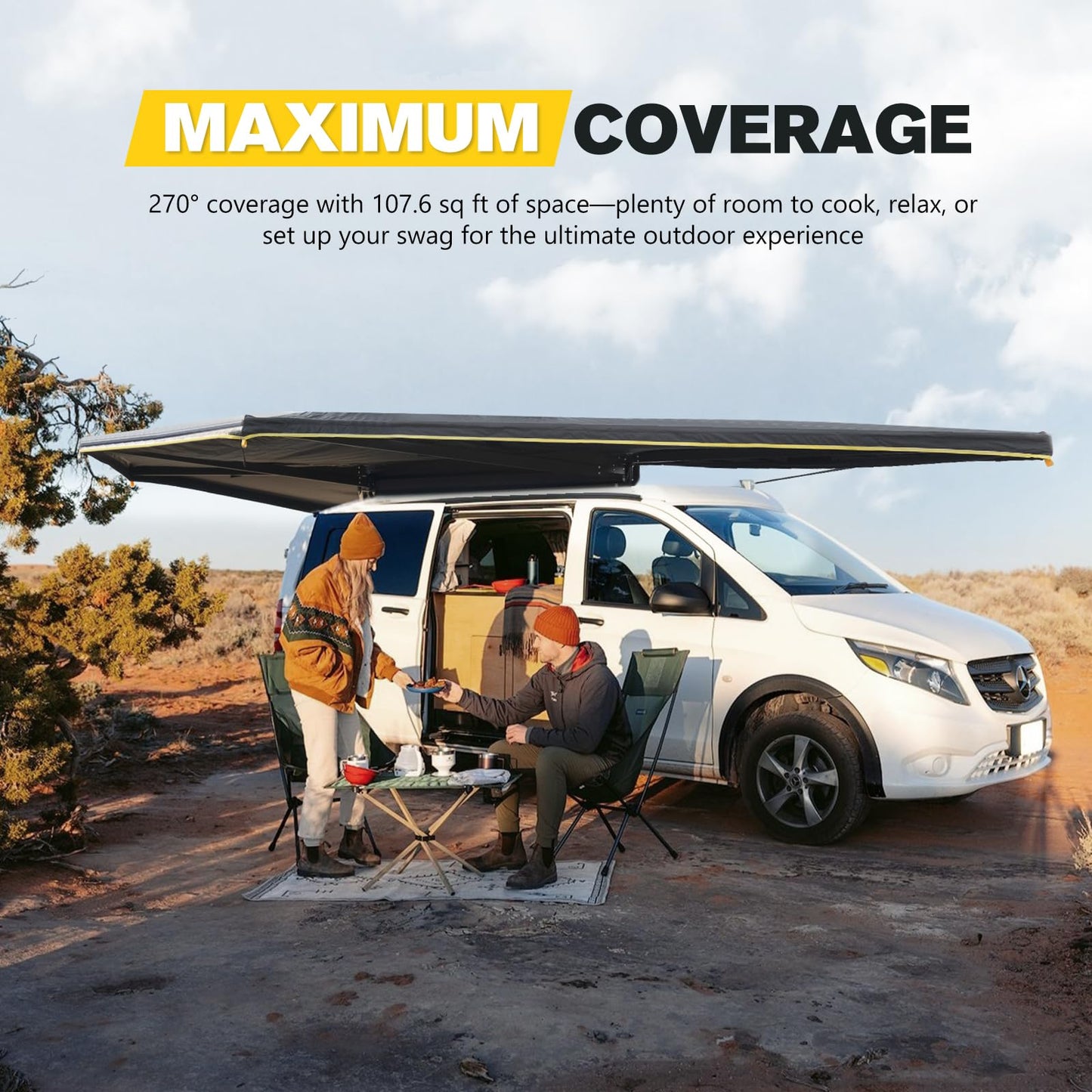 BUNKER INDUST 270 Degree Awning Free Standing, Vehicle Overland Awning Built-in LED Light - Three Colors, Car Passenger Side, Waterproof Wind Resistant for SUV Van Truck Camper