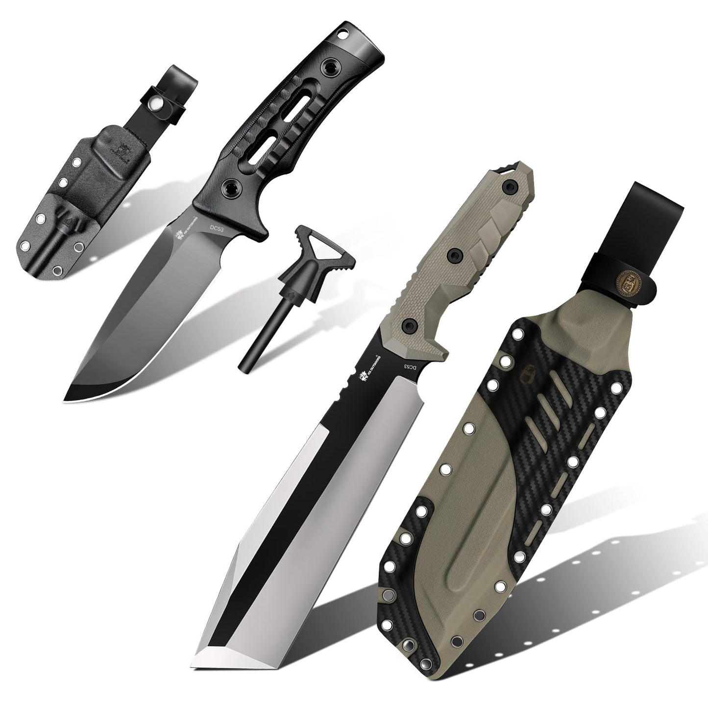 HX OUTDOORS 2-Pcs Survival Kit: 14" DC53 Steel Kukri Machete & Fixed Blade Camping Knife with Kydex Sheaths, Heavy Duty Bushcraft Tool Set for Clearing Brush, Yard Work & Camping