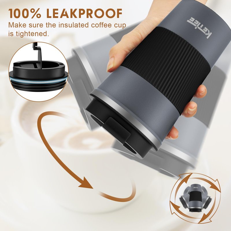 KETIEE Travel Coffee Mug Spill Proof 12oz, Insulated Reusable Coffee Cups with Seal Lid, Vacuum Stainless Steel Travel Mug to Go Car Tumbler for Hot/Iced Drinks (Grey)