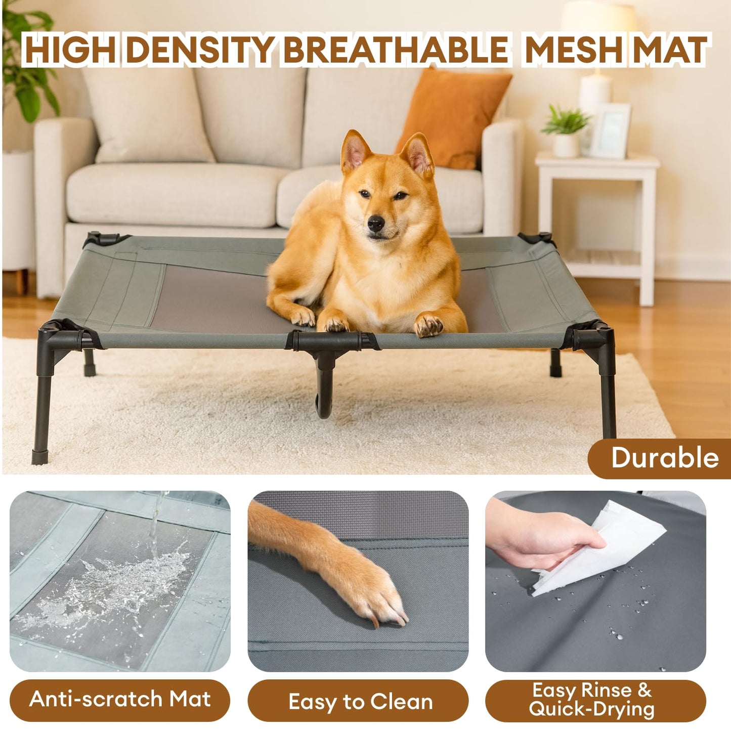 FUNNY FUZZY Elevated Dog Bed with Canopy,Grey, X-Large(48"x36"x9")–Outdoor Pet Cot with UV Protection, Breathable Mesh for Cooling, Indoor & Outdoor Use for Dogs up to 120 lbs