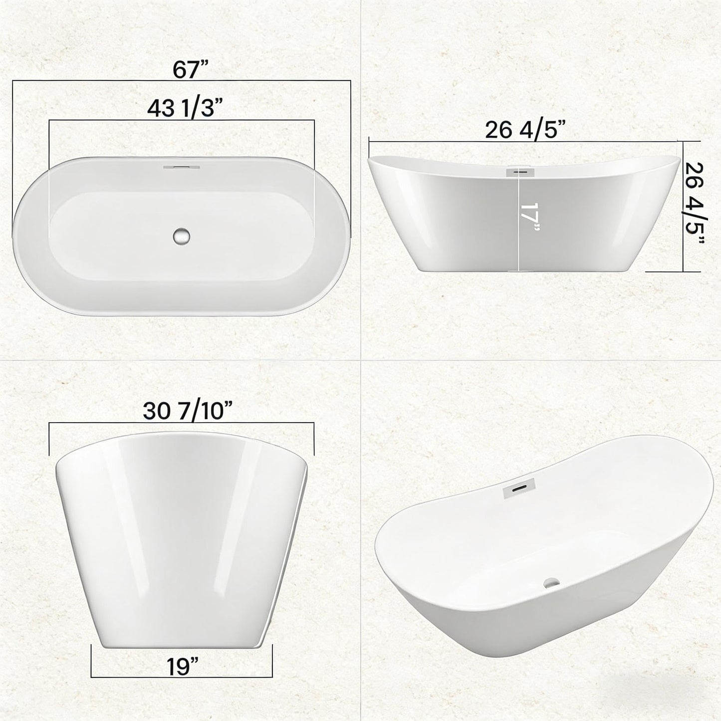 Garvee 67" Acrylic Freestanding Bathtub, Modern Deep Soaking Tub, cUPC Certified Free Standing Tub, Chrome Drain/Overflow, White Acrylic, Sky White