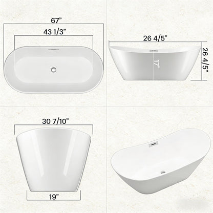 Garvee 67" Acrylic Freestanding Bathtub, Modern Deep Soaking Tub, cUPC Certified Free Standing Tub, Chrome Drain/Overflow, White Acrylic, Sky White