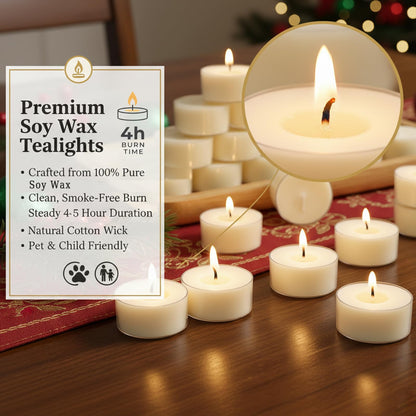 Soy Wax Tea Candles 100 Pack - 4 Hour Long Burning Tea Lights Votive Candles, 100% Natural, Paraffin-Free, Unscented Tealights for Christmas Party, Valentines, Home, Wedding, Emergency