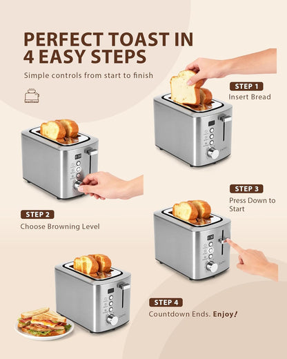 Skiennix 2-Slice Toaster - Wide Slots for Bread & Bagels, Stainless Steel with Digital Countdown & 6 Shade Settings