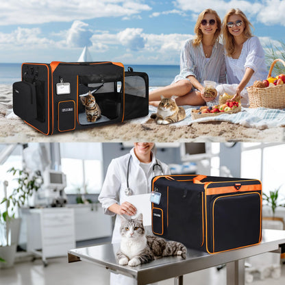 Petskd Side Expandable Extra Large Cat Carrier with Litter Box Area for Long Distance Car Travel,24"x17"x17" Collapsible Soft-Sided Large Pet Carrier with Zipper Locks for 2 Cats Under 55LBS(Black)