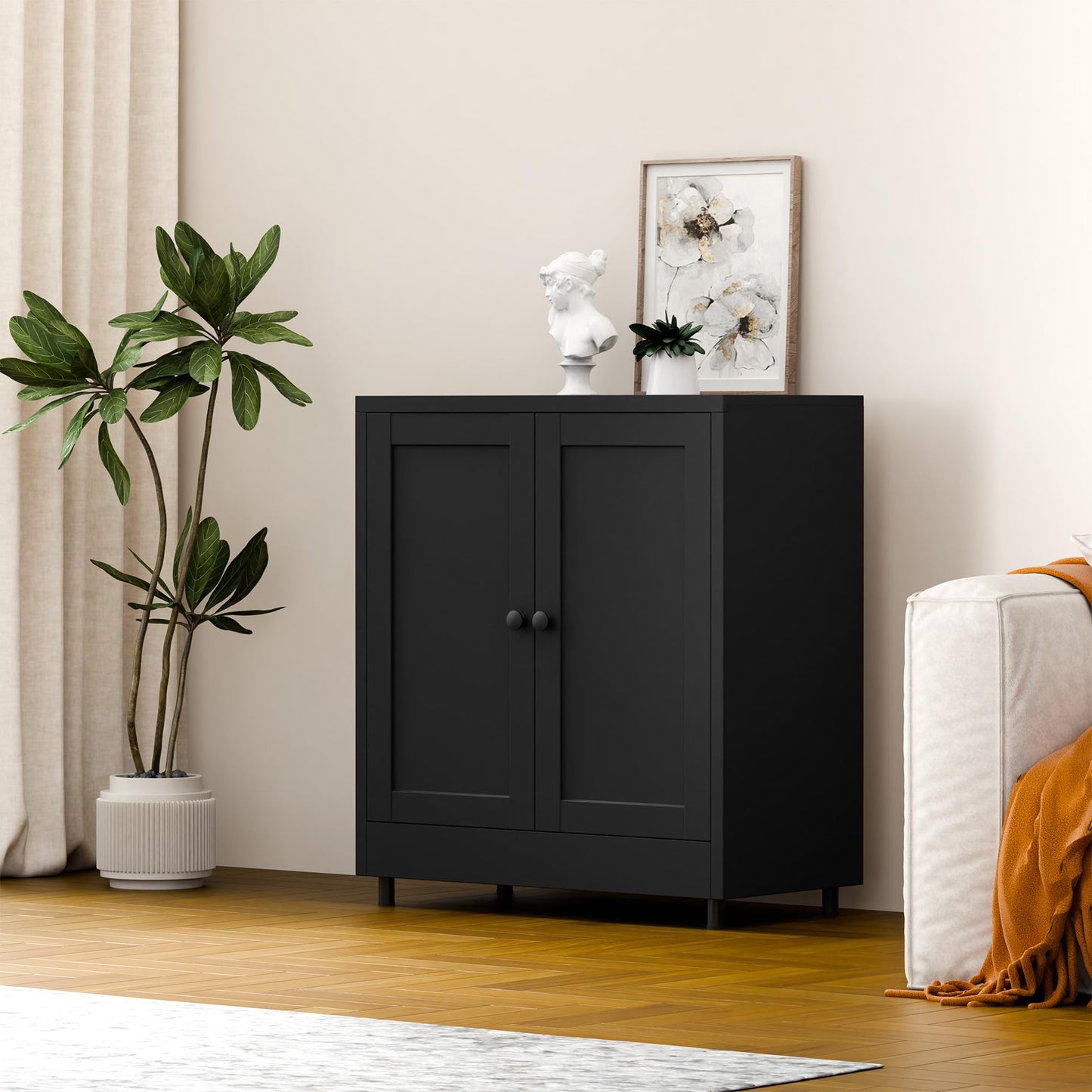 JINGUR Metal Storage Cabinet with 2 Doors and Adjustable Shelf, Steel Sideboard Buffet Cabinet for Home Office Hallway Entryway Kitchen Living Dining Room (Black)