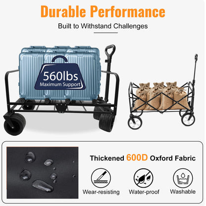 Collapsible Foldable Wagon Cart with Wheels 240L Capacity Folding Sports Wagons, 560LBS Load Large 3-in-1 Grocery Heavy Duty Carts for Sand, Beach, Camping, Fishing