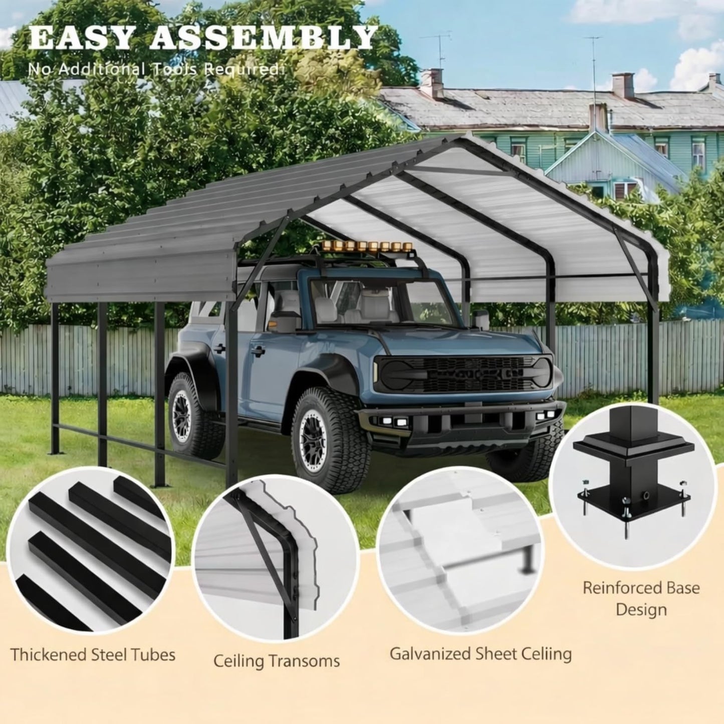 12x15 FT Heavy Duty Metal Carport, All-Weather Outdoor Vehicle Shelter with Steel Roof & Reinforced Frame, Permanent Car Canopy for Trucks, SUVs, Boats & Garden Storage, Gray
