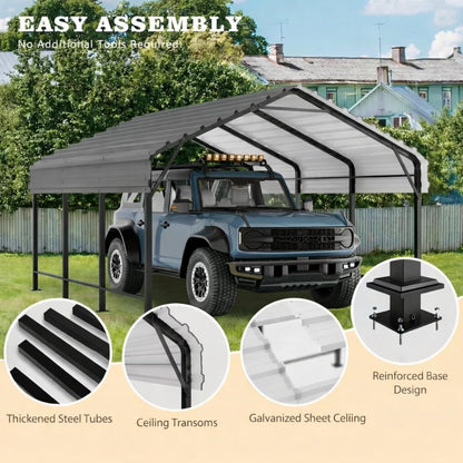 12x15 FT Heavy Duty Metal Carport, All-Weather Outdoor Vehicle Shelter with Steel Roof & Reinforced Frame, Permanent Car Canopy for Trucks, SUVs, Boats & Garden Storage, Gray