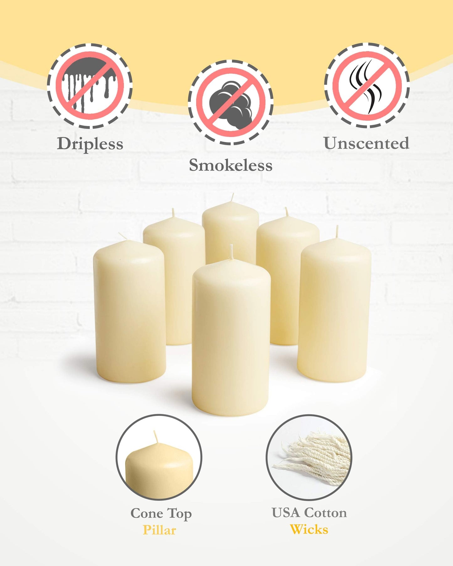 Cone Top Pillar Candles by Bask - Set of 6-3" x 6" Dripless Unscented Candles in Ivory for Home Decor, Relaxation & All Occasions