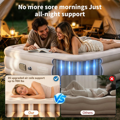 H&W Camping Air Mattress Queen Size, 16" Elevated Blow Up Bed with Detachable Rechargeable Pump, 900lbs Heavy Duty Inflatable Mattress, Cordless Flocked Airbed for Camping, Guests & Home