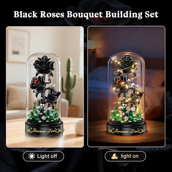 Flower Building Set with LED Light - 232 PCS Black Rose Building Blocks Kit with Dust Cover Easter Day Gift for Her Grilfriend Wife 3.6MM Flower Botanical Collection Block Toy Home Decor