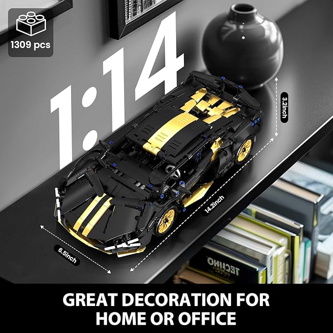 GEVINST Collectible Sports Race Cars Building Set RC Remote Control APP Car Model Kits with LED Lights for Boys 8-12 and up Adults 1:14 Scale Black Gold Supercar Gifts (1309 PCS)