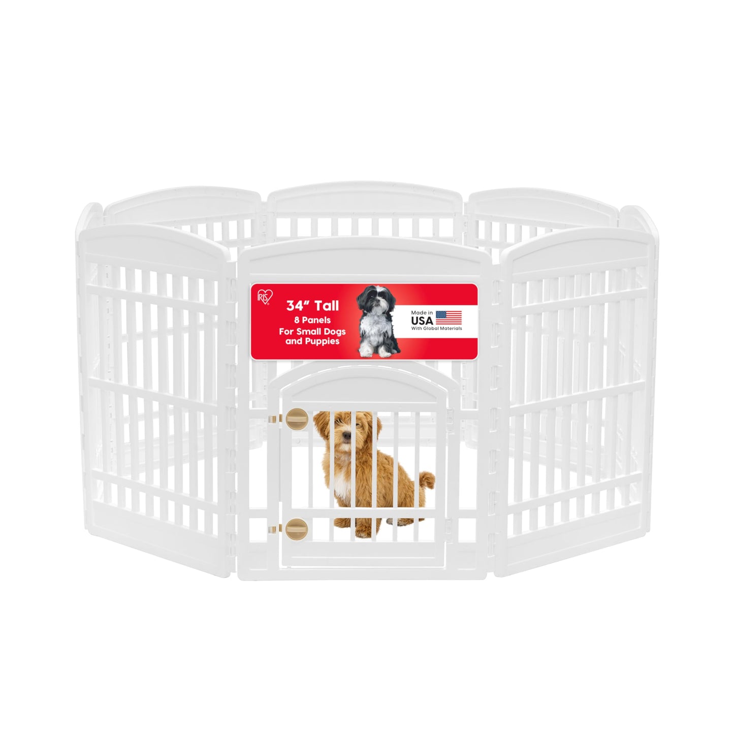 IRIS USA Dog Playpen with Door, 34” 8 Panel Pet Exercise Pen – Indoor Outdoor Puppy Play Pen, Portable Plastic Pet Fence for Small Medium Dogs, Foldable 63” x 63” x 34”, White