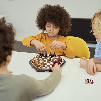 Husaria Wooden Three-Player Chess - 12 Inches - with Foldable Board Handcrafted Playing Pieces and Felt-Lined Storage