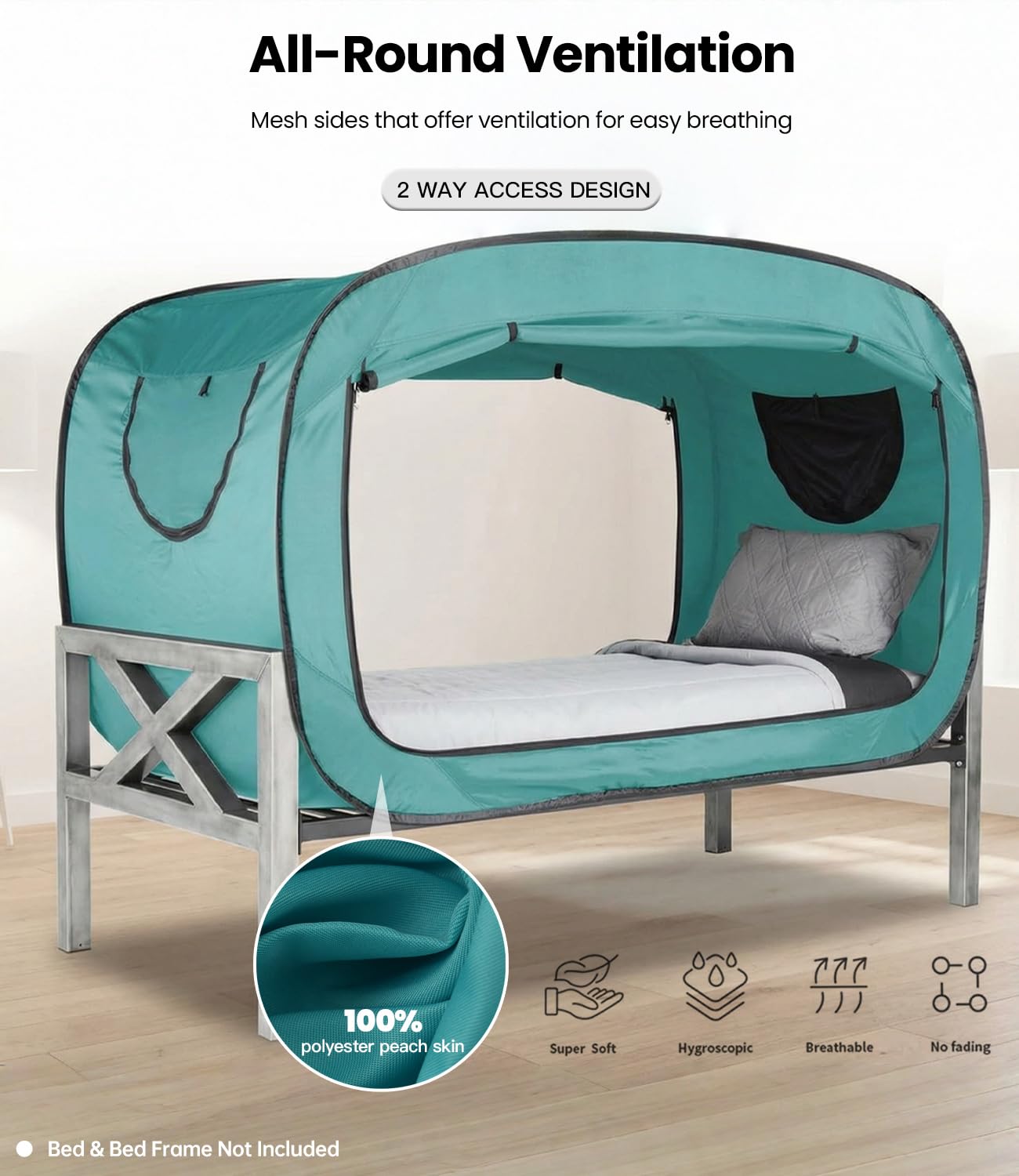 ANC POP Bed Tent Twin Bed Canopy Portable Dream Tent for Adult Indoor Sleeping Tents with 2 Doors Breathable Private Space Tents, Teal
