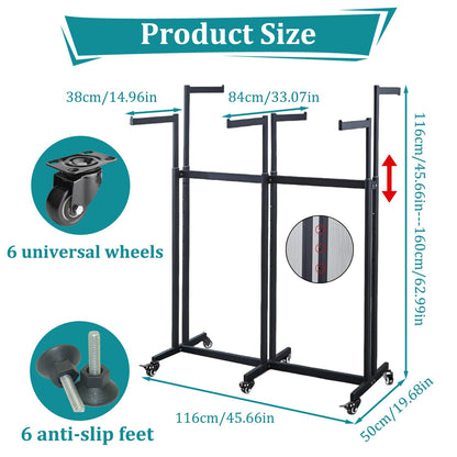 rcqeuiol Clothing Display Racks for Retail, Floor Standing Metal Garment Rack with Wheels, 6 Arms Heavy Duty Retail Display Racks for Hanging Clothes, Adjustable Shirt Rack, Black