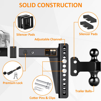 Adjustable Trailer Hitch -Drop Hitch-Tow Hitch FITS 2.5 inch Receiver-8inch Drop/Rise, 2" & 2-5/16" Ball Hitches for Trucks, 22,000 LBS GTW, Trailer Hitches with Anti-Theft Pin, Black