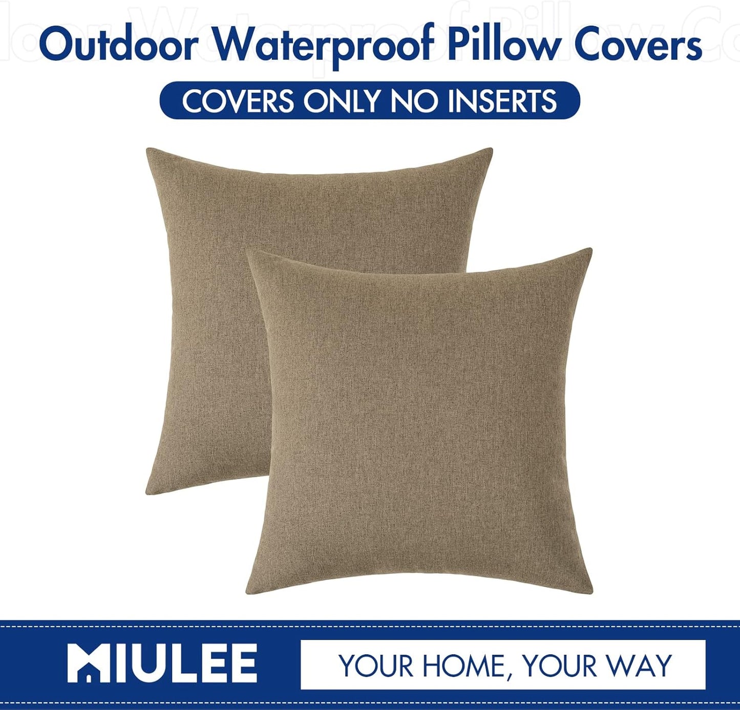 MIULEE Decorative Outdoor Throw Pillow Covers - Waterproof Faux Linen Cushion Cases | 16x16 Inch Khaki (Pack of 2)