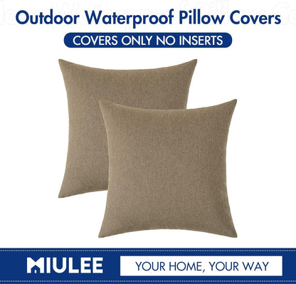 MIULEE Decorative Outdoor Throw Pillow Covers - Waterproof Faux Linen Cushion Cases | 16x16 Inch Khaki (Pack of 2)