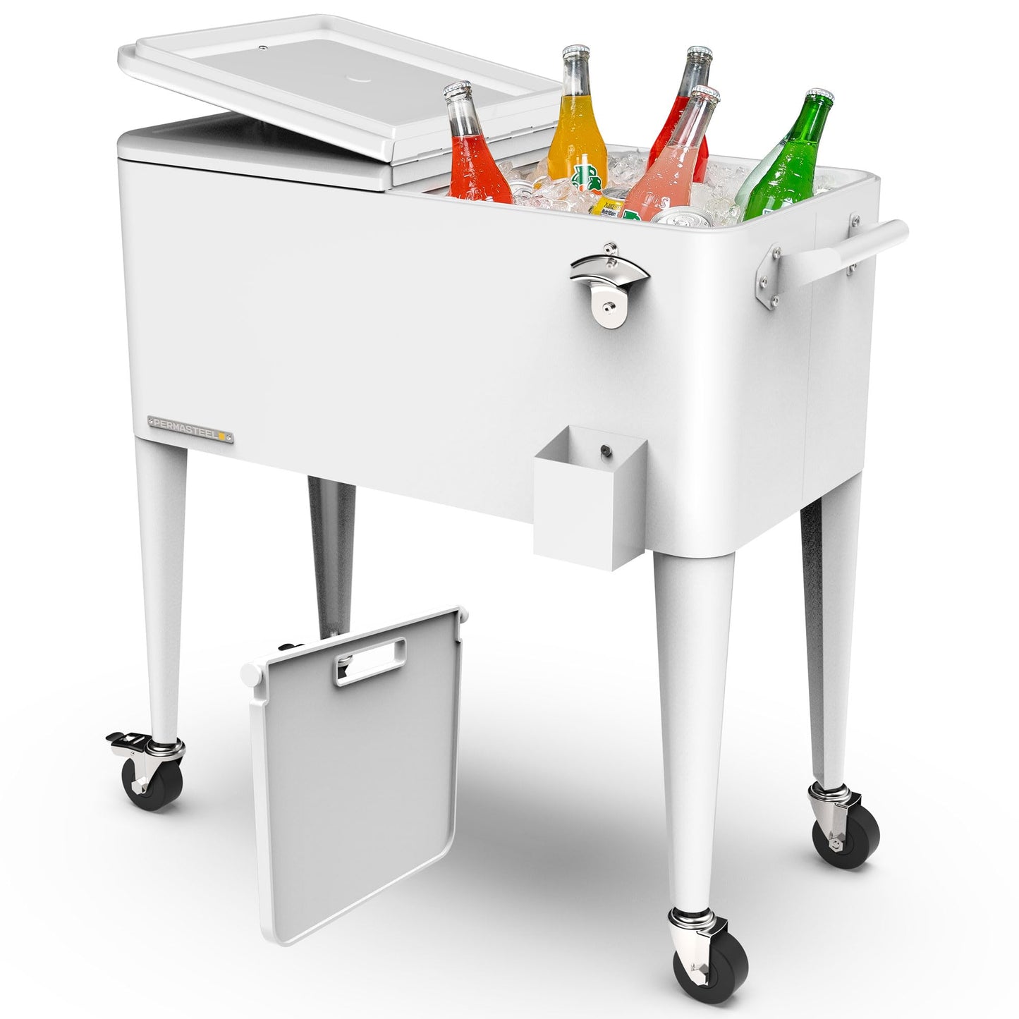 Permasteel Party Cooler with Divider, Spacious 80-Qt Capacity, Chills 36hrs, Serving Tray, Rolling Ice Chest for Indoor and Outdoor Entertainment, Matte White