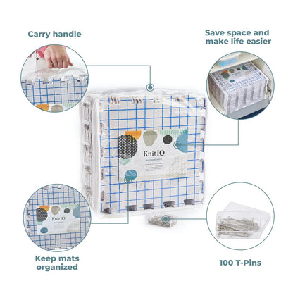 Blocking Mats for Knitting - KnitIQ Extra Thick Blocking Boards for Crochet Projects with Gridlines - 100 T-Pins and Storage Bag Included for Knitting Supplies - Standard Mat Set - Pack of 9
