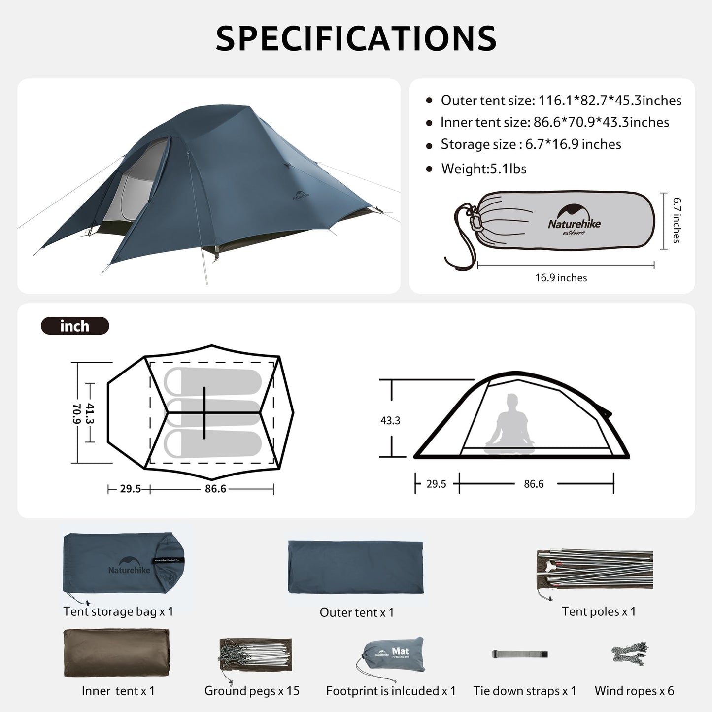 Naturehike Cloud Up 3 Person Backpacking Tent with Footprint - 3 Season Free Standing Lightweight 3 Person Camping Tent | with Footprint, Free Standing, Dome, Camping, Hiking, Waterproof