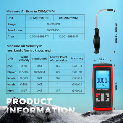 Bonvoisin Anemometer Handheld Hot Wire Air Flow Velocity Meter CFM Wind Speed Gauges with Data Output Software Telescopic Probe for in Duct HVAC, Outdoor (Thermal Anemometer)