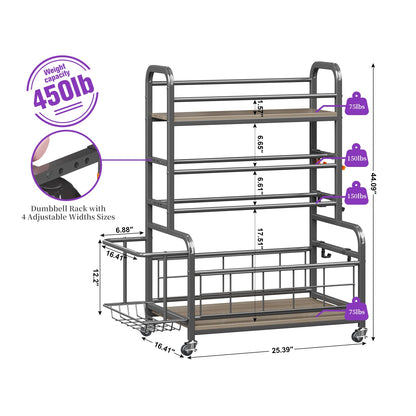 Homeiju Dumbbell Rack,Weight Rack for Home Gym, Home Gym Storage for Dumbbells Kettlebells Yoga Mat and Strength Training Equipment,Weight Storage Rack for Dumbbells with Wheels&Hooks(Grey)