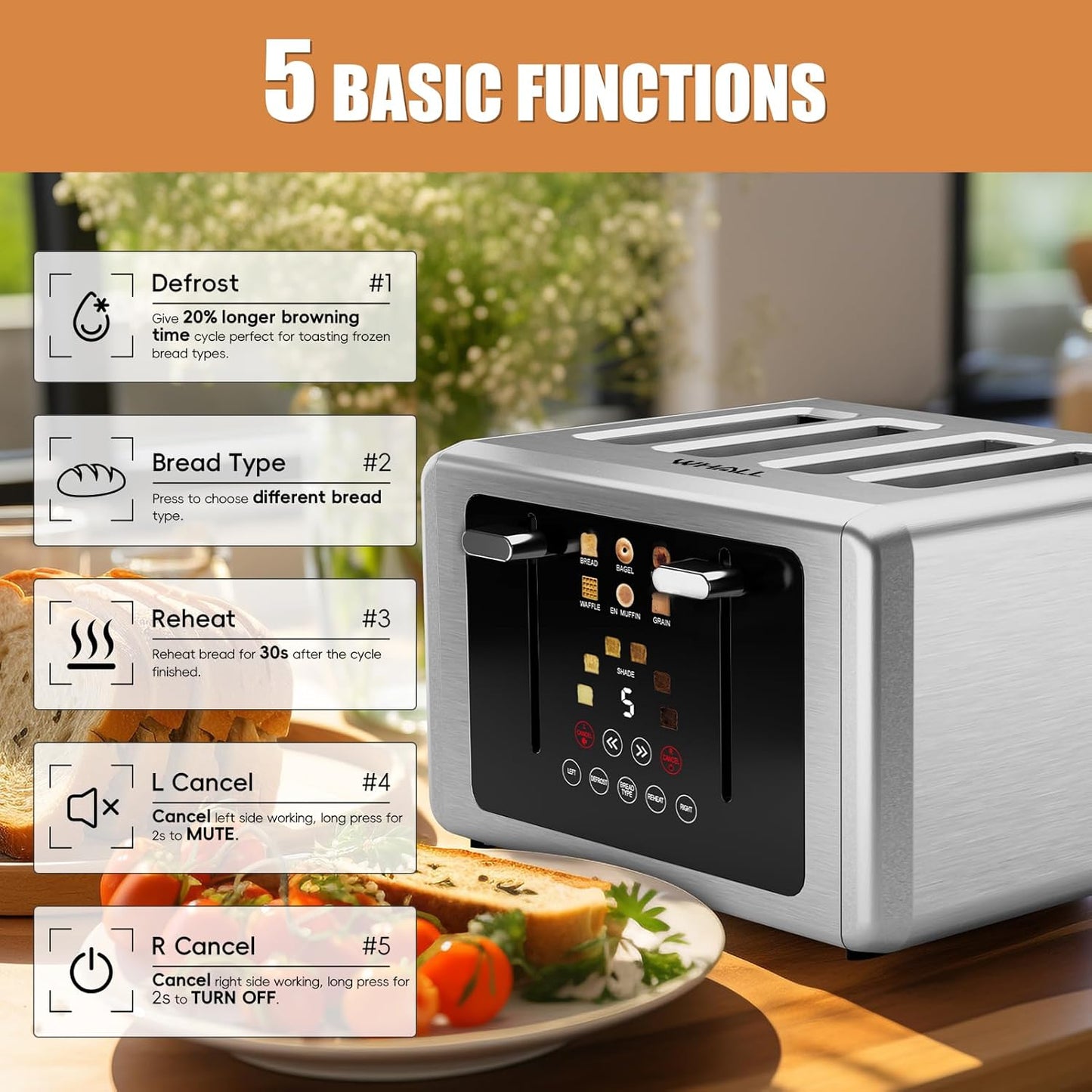 Whall 4-Slice Smart Toaster - Touchscreen Control, Extra-Wide Slots & 6 Browning Levels | Perfect Kitchen Gift