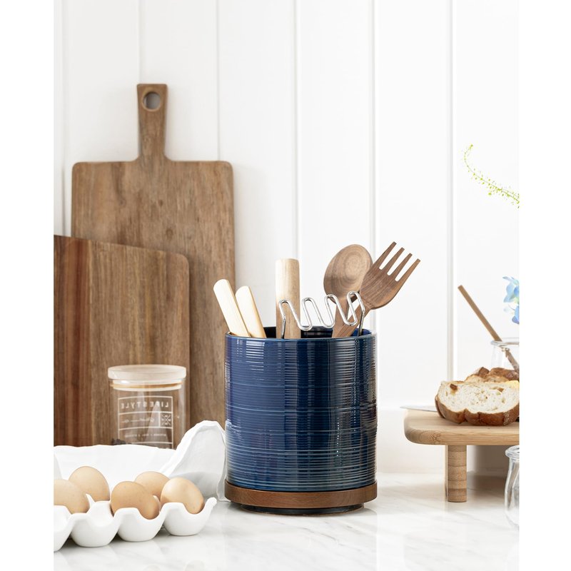 MIKIGEY Utensil Holder, 360° Rotating Extra Large Ceramic Kitchen Utensil Holder for Countertop, 7.3“ Cooking Utensil Crocks for Kitchen Counter with Rotatable Wooden Base, Farmhouse Decor, Dark Blue