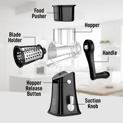 Zulay Kitchen Rotary Cheese Grater 5 Blade Cheese Shredder - Manual Hand Crank Cheese Grater With Reinforced Suction & 5 Interchangeable Drums - Easy to Use, Vegetable Chopper Round Mandoline Slicer