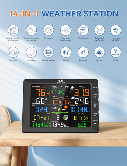 AIRAIN TECH 14-in-1 Wireless Weather Station with Outdoor Wireless Sensor,Radio-Controlled Clock,Rain Gauge,Wind Speed/Direction,Moon Phase,Wind Chill Index,Outdoor Dew Point,Barometer(NO WiFi)